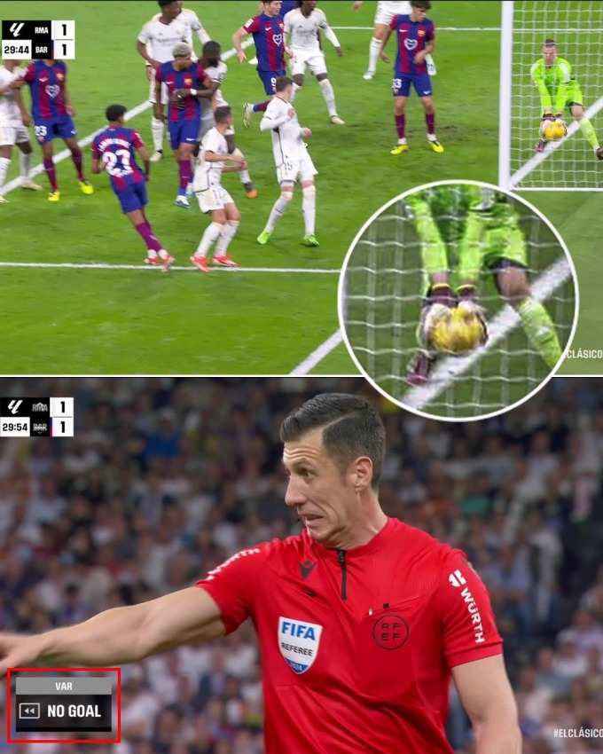 VAR determined there was no goal in the situation where Lamine Yamal's heel strike was blocked by goalkeeper Andriy Lunin on the goal line. Photo: X / ESPN